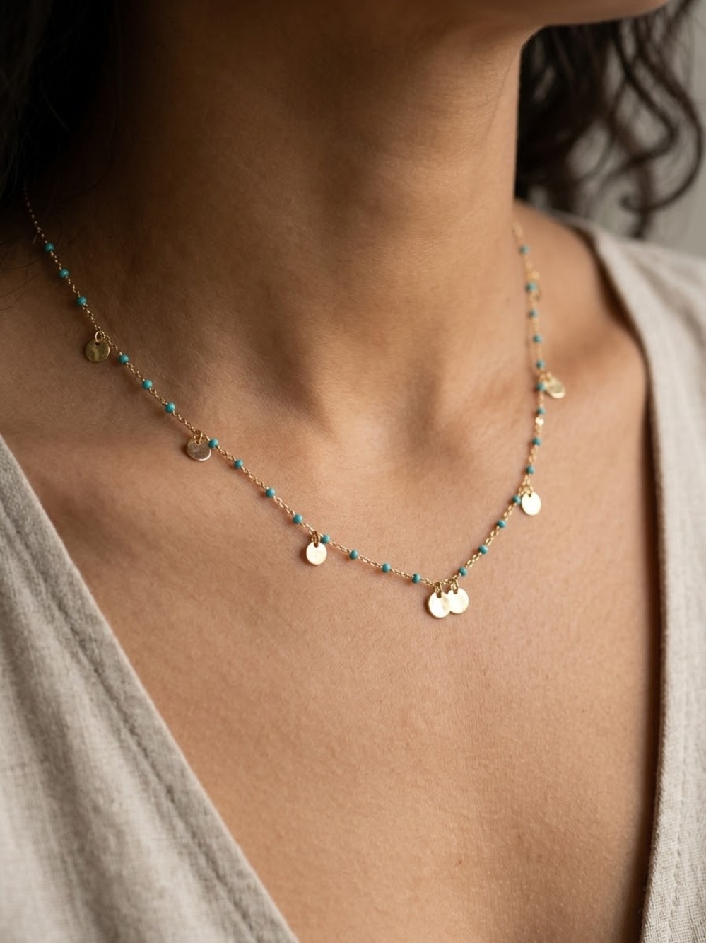Dainty Gold & Turquoise Satellite Chain Necklace with Hanging Coin Charms